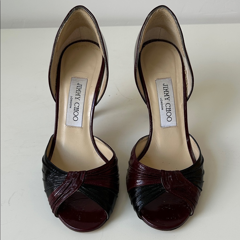 Jimmy Choo Burgundy and Black twist front Heels